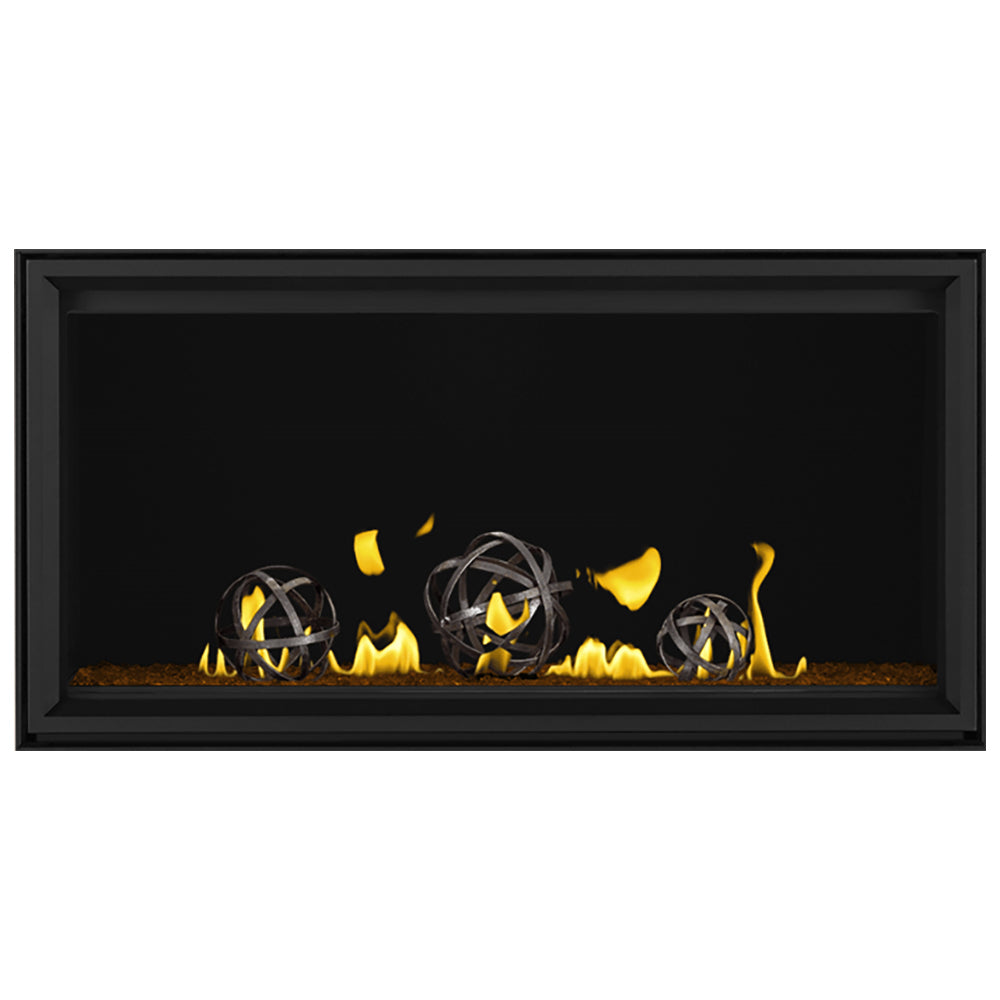 Black-trimmed linear gas fireplace with yellow flames and circular burner accents