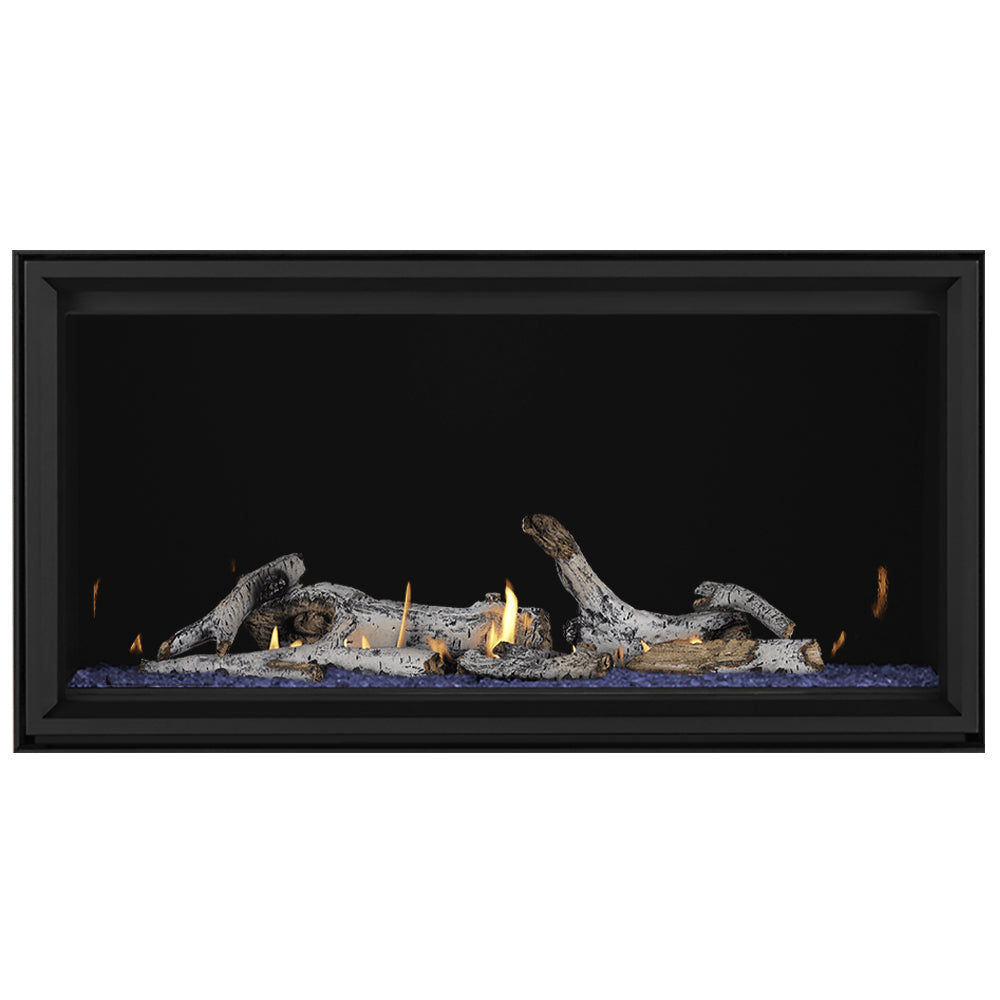 Linear direct vent gas fireplace with burning logs over gray ember bed in black frame