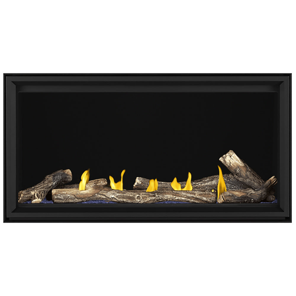 Direct vent gas fireplace with spread gray logs and bright yellow flames