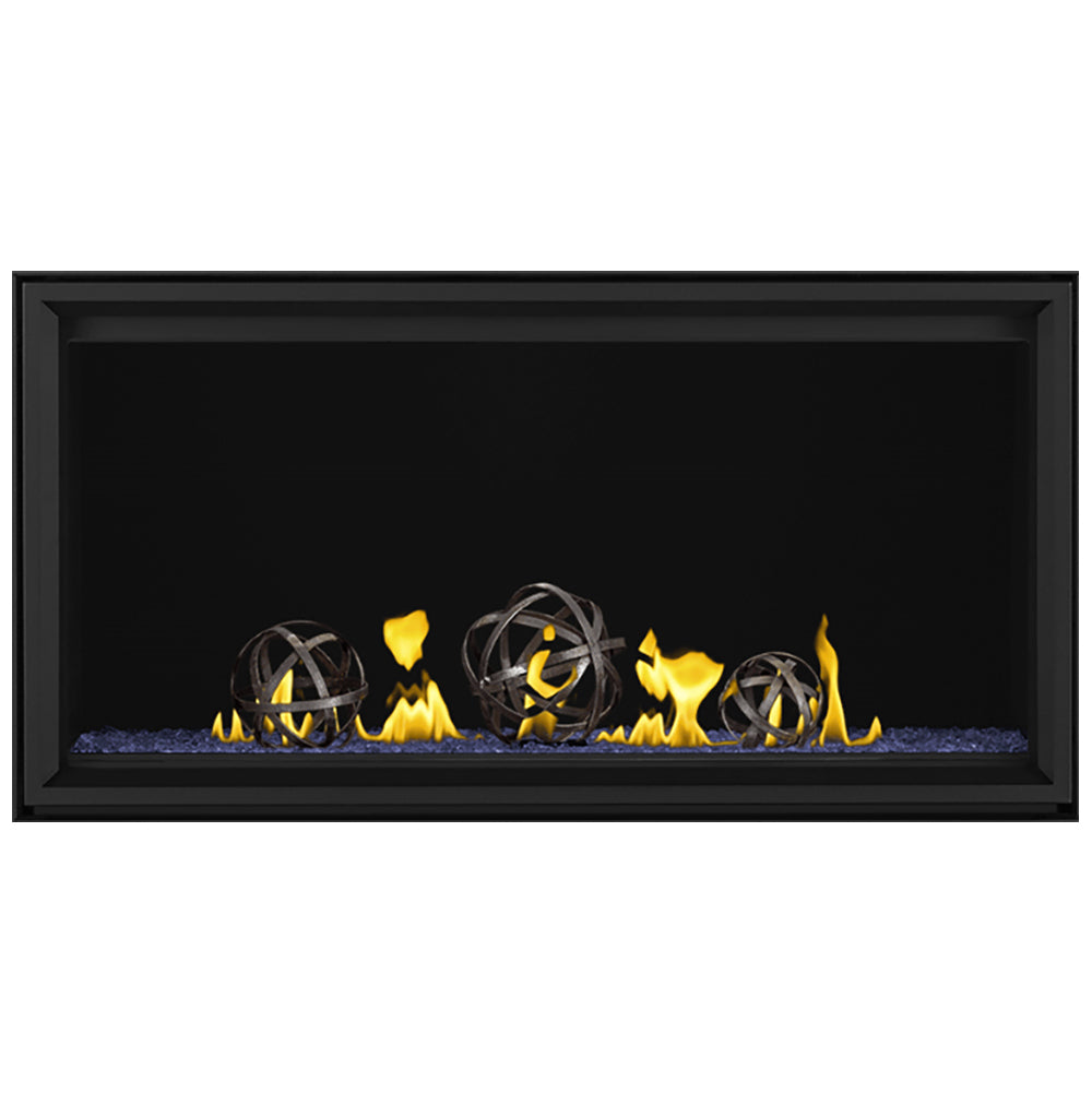 Linear direct vent gas fireplace with burning globe burners and flames in black frame