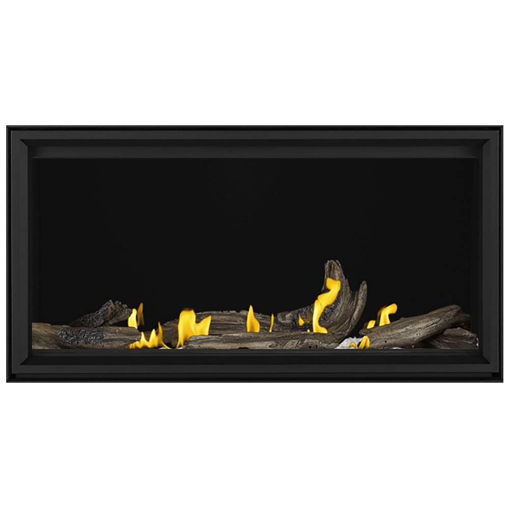 Direct vent gas fireplace with gray logs and steady yellow flames