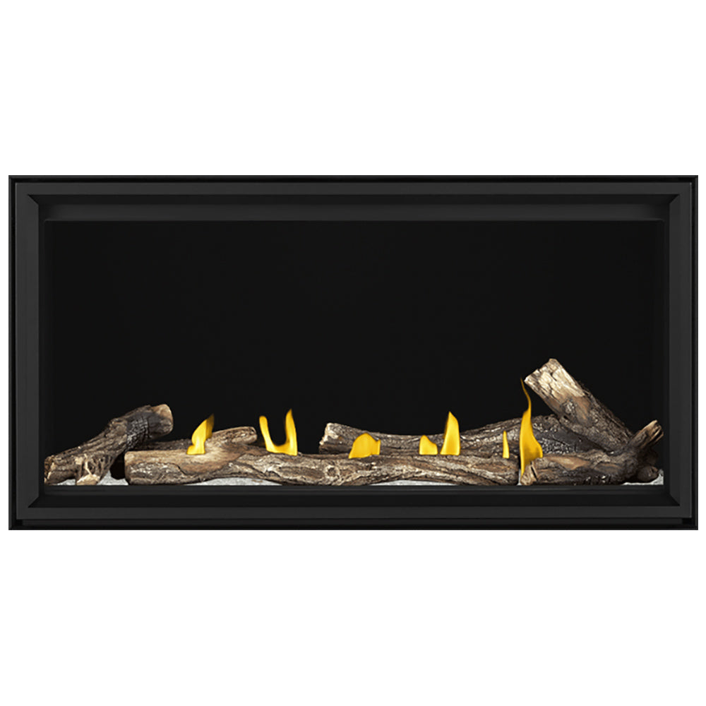 Linear direct vent gas fireplace with burning light-brown logs in black frame