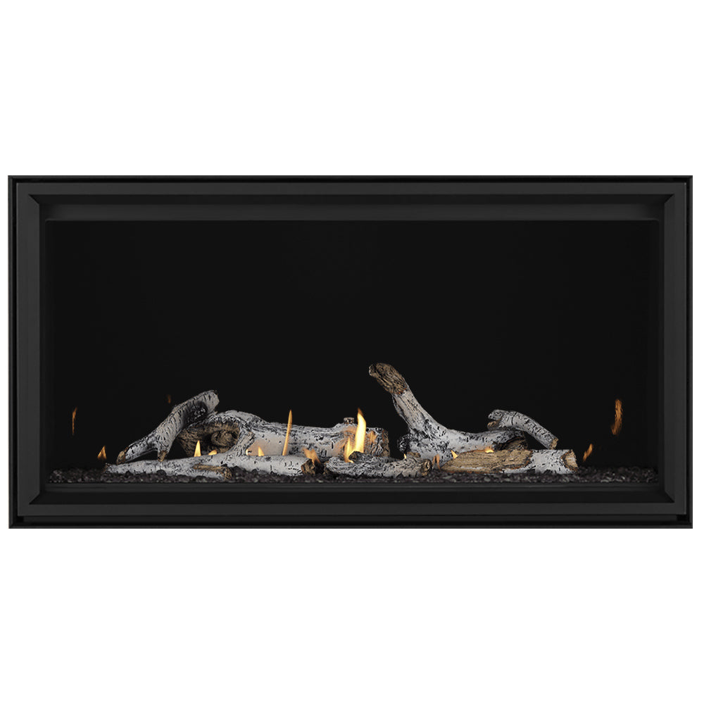 Direct vent gas fireplace with gray logs, glowing ember bed, and yellow flames