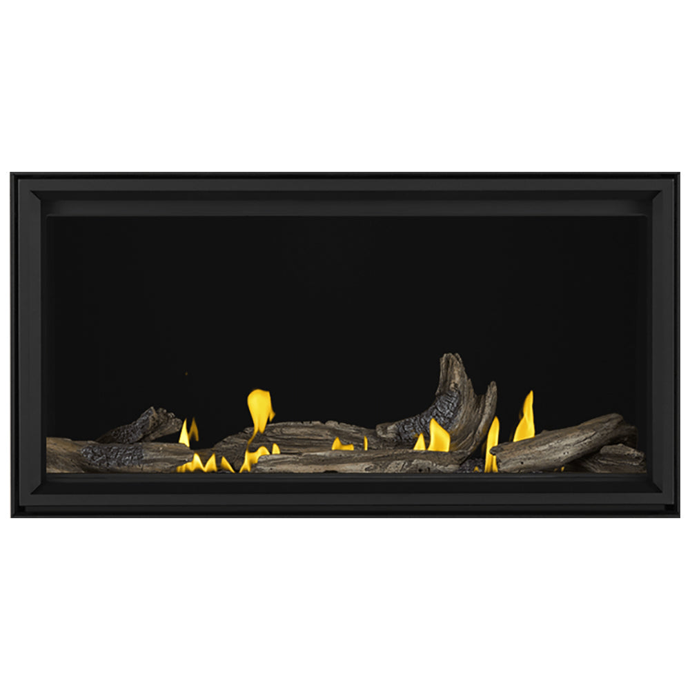 Linear gas fireplace with black frame, burning logs and yellow flames