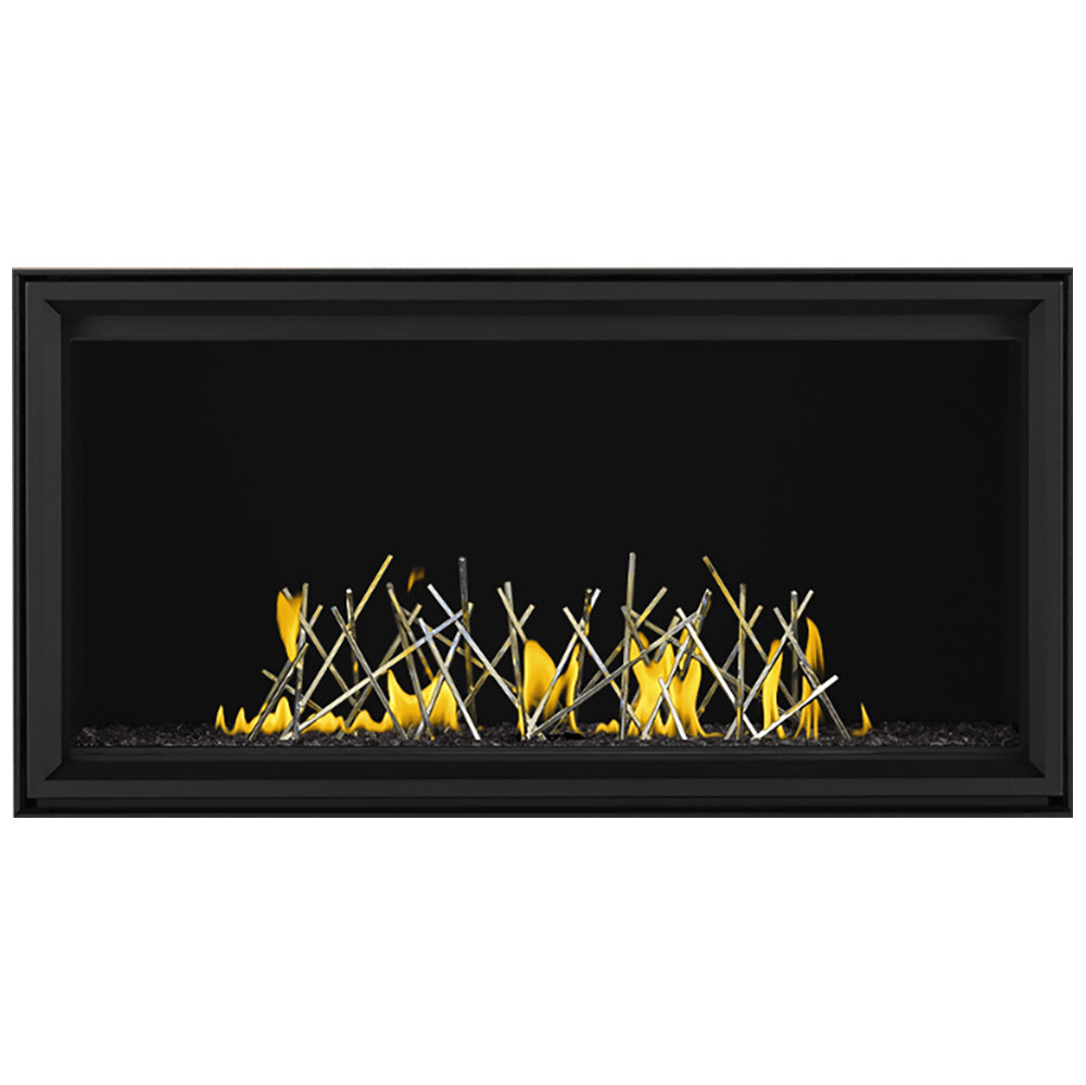 Linear gas fireplace with black surround, bright yellow flames across gray ember bed