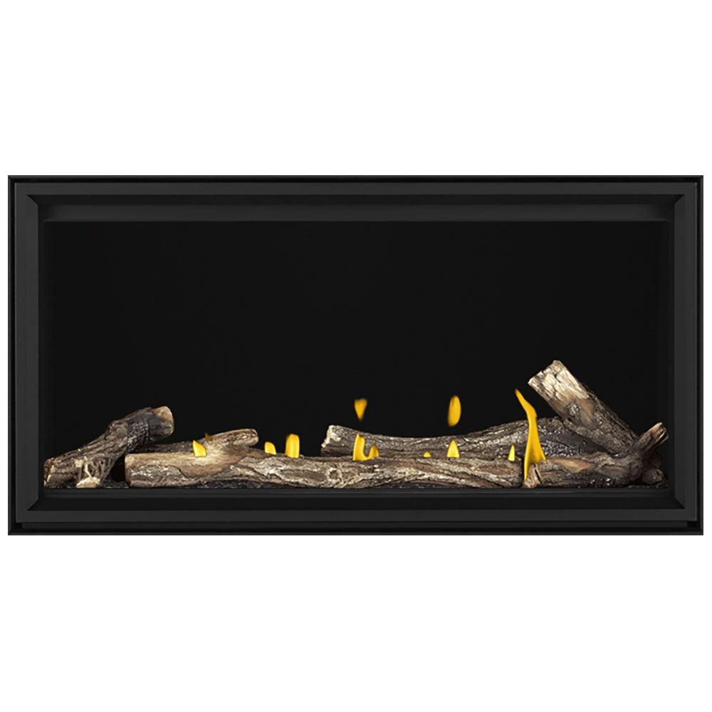 Linear gas fireplace with black frame, burning log set with scattered embers