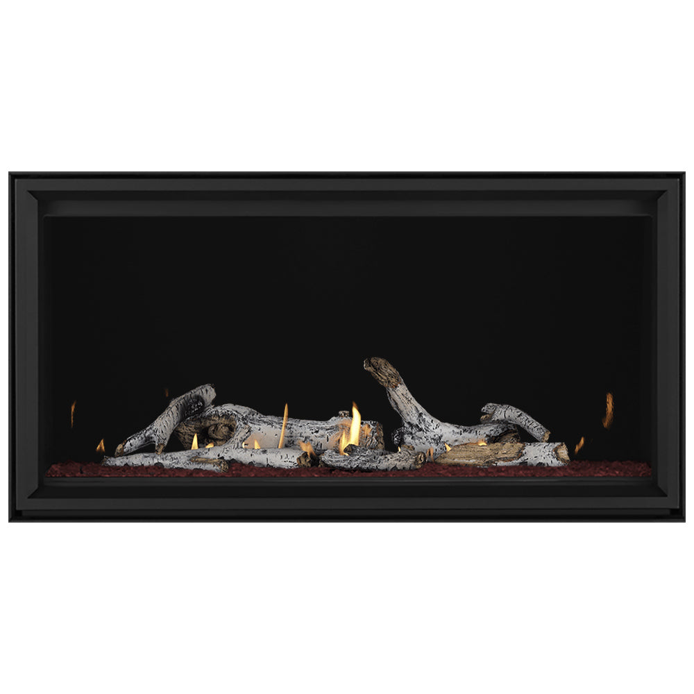 Direct vent gas fireplace with burning gray logs and glowing ember bed