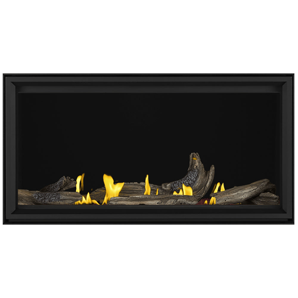 Linear gas fireplace with black trim, stacked logs and yellow flames in the firebox