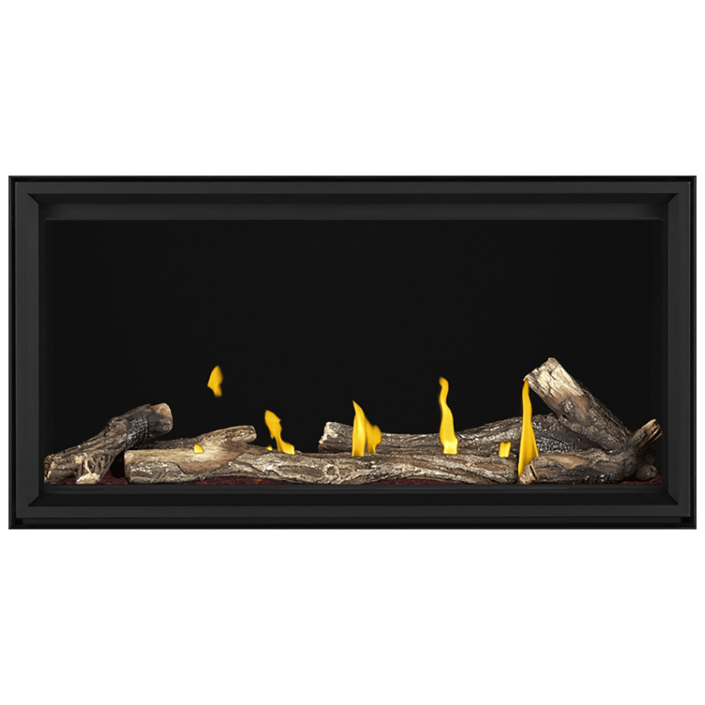 Linear direct vent gas fireplace with dark frame, burning faux logs and yellow flames
