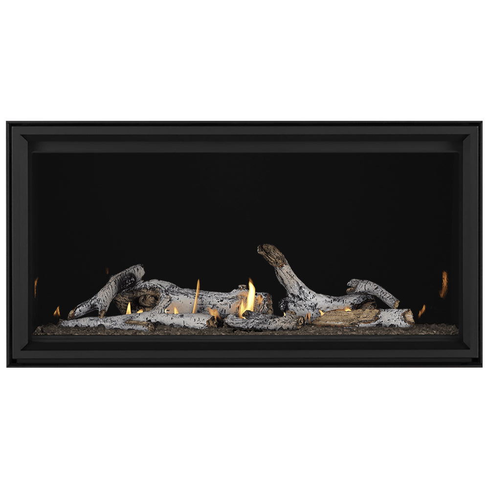Linear direct vent gas fireplace with dark frame, glowing embers and faux logs with flames