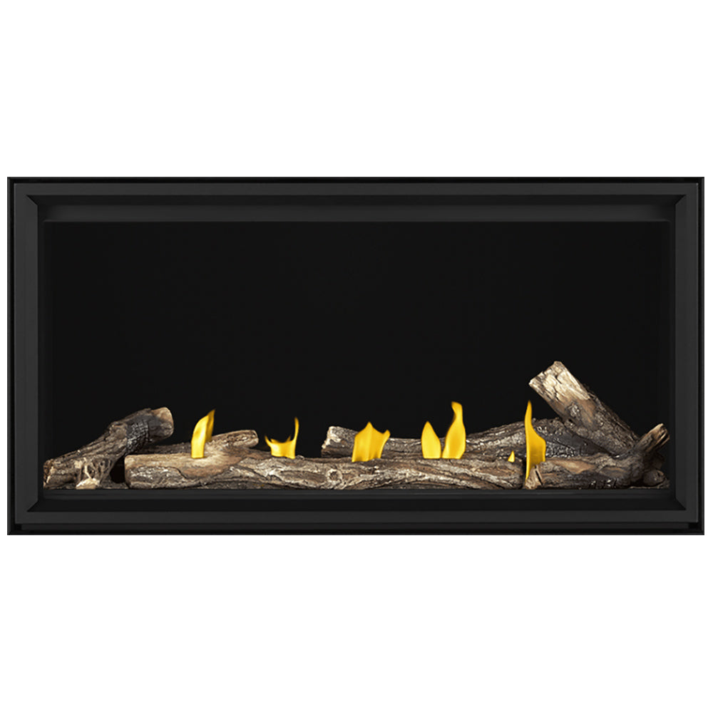 Linear direct vent gas fireplace with dark frame, burning faux logs and yellow flames