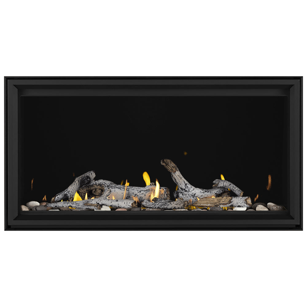 Linear gas fireplace with black frame, burning gray logs and glowing embers
