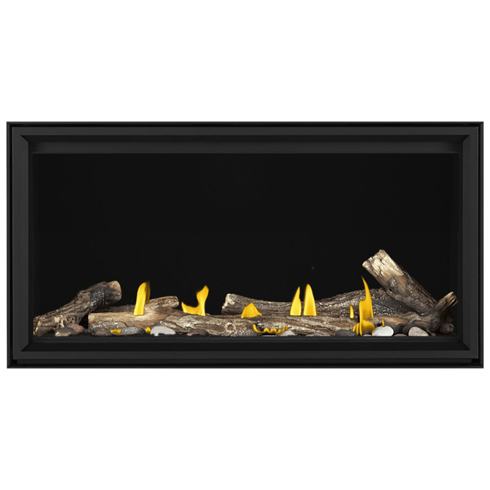 Black linear gas fireplace with burning flames and dark logs inside glass frame.