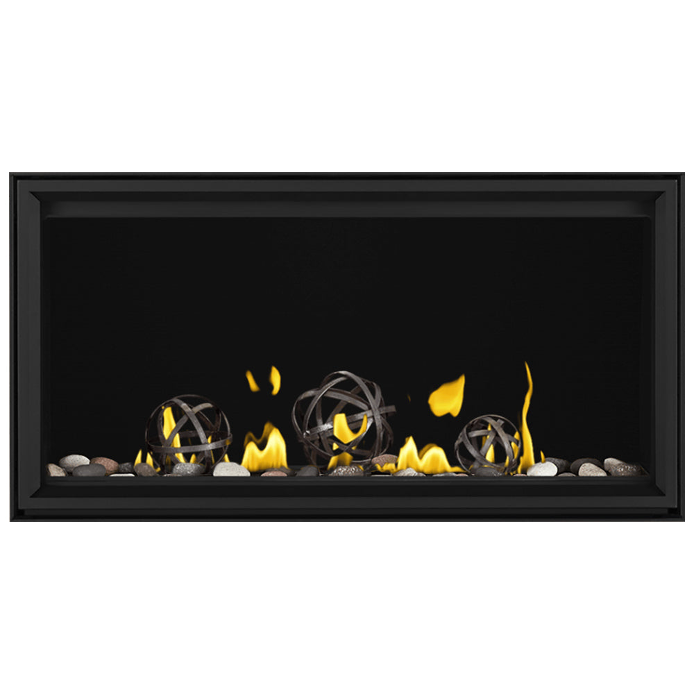 Linear gas fireplace with black frame, yellow flames with metal globe accents
