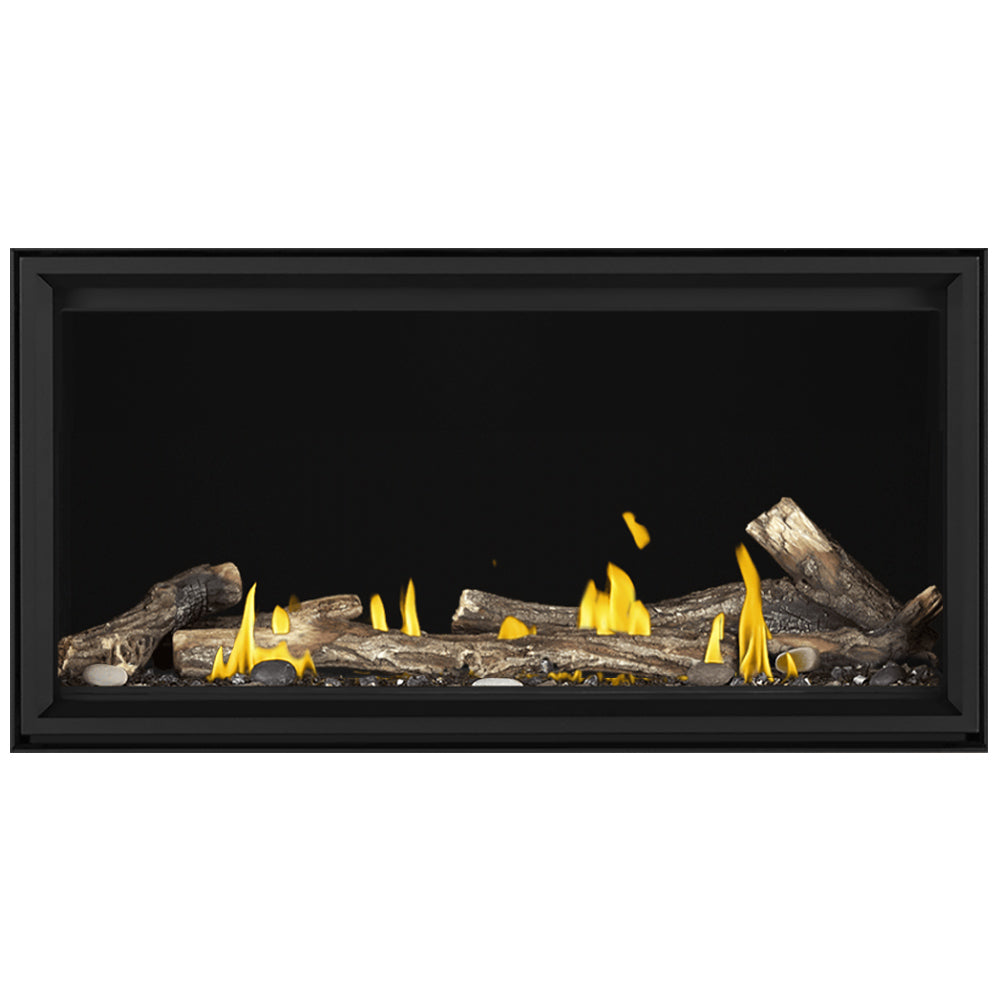 Linear gas fireplace with glowing flames over dark log set, black glass-front frame