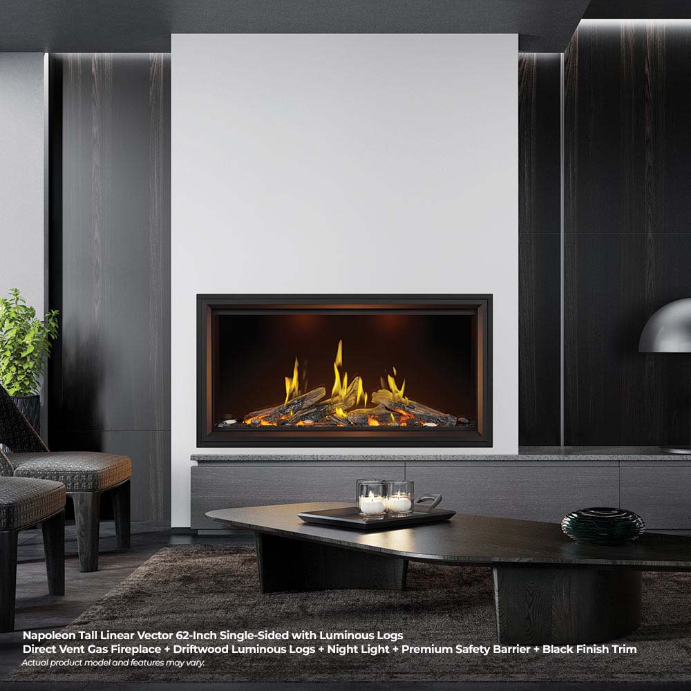 Linear gas fireplace with glowing logs and black trim in a dark interior wall