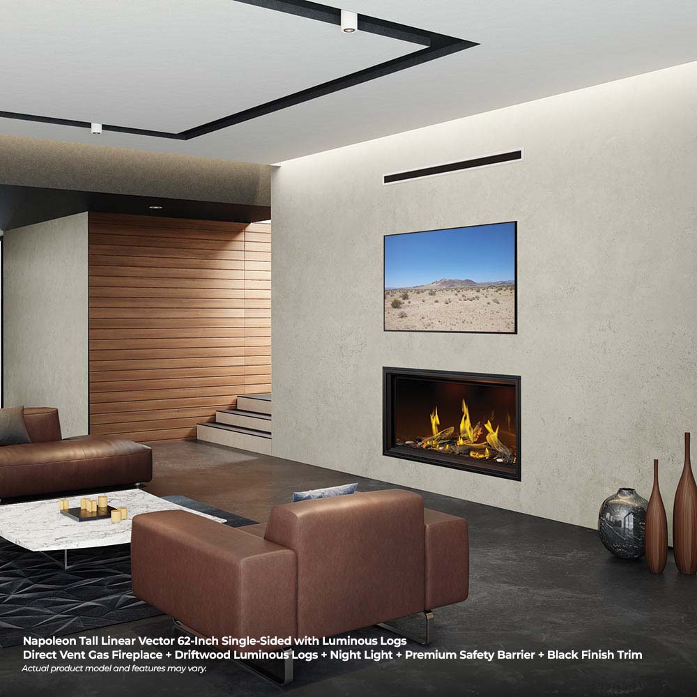 Linear gas fireplace with glowing logs in a modern room corner