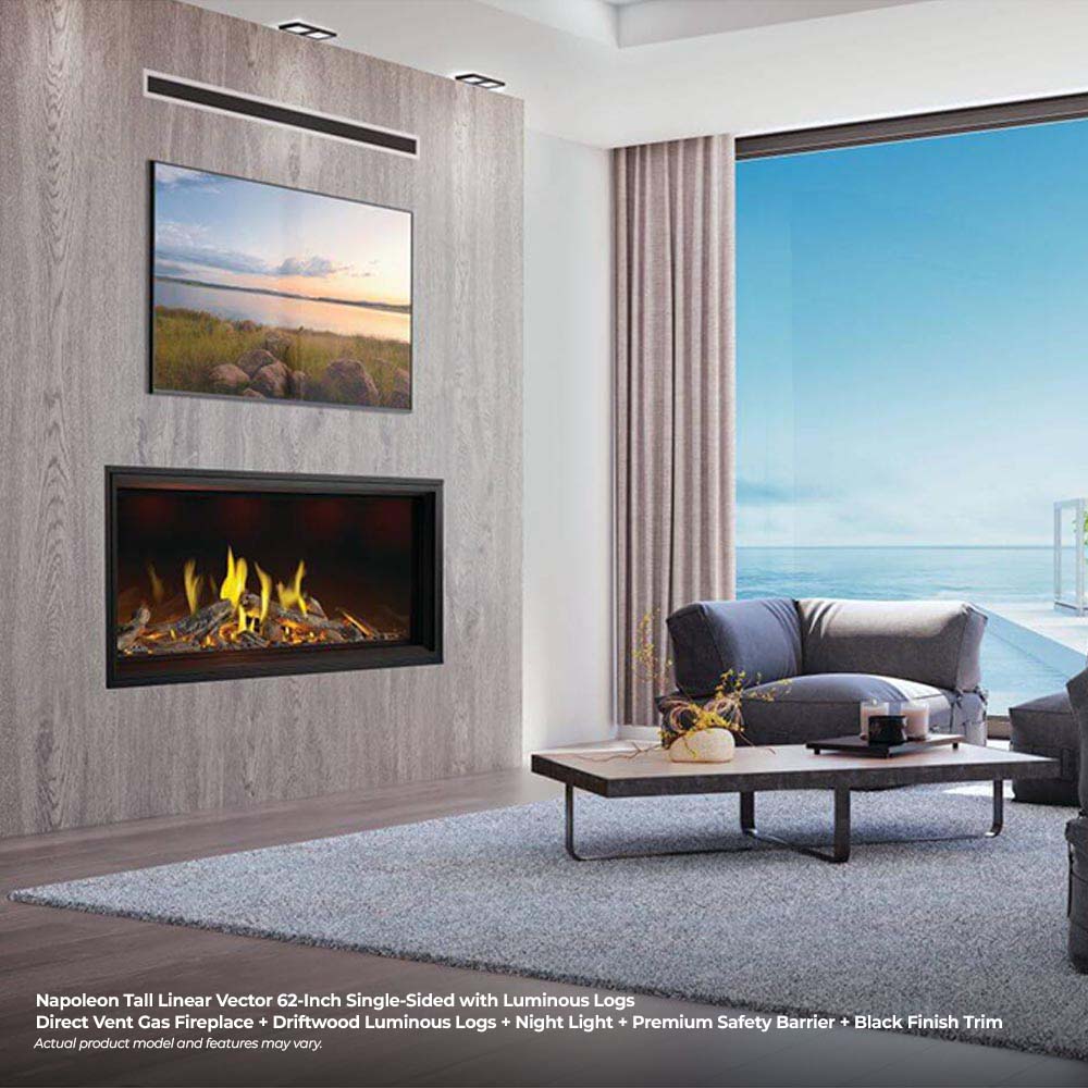 Linear gas fireplace with glowing logs on a stone feature wall near sofa