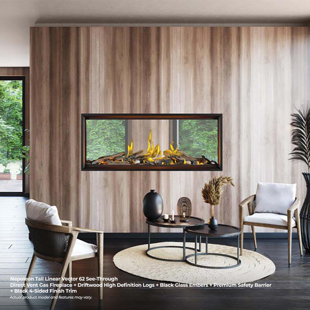 Linear glass-front gas fireplace with glowing logs and embers in a dark wall surround