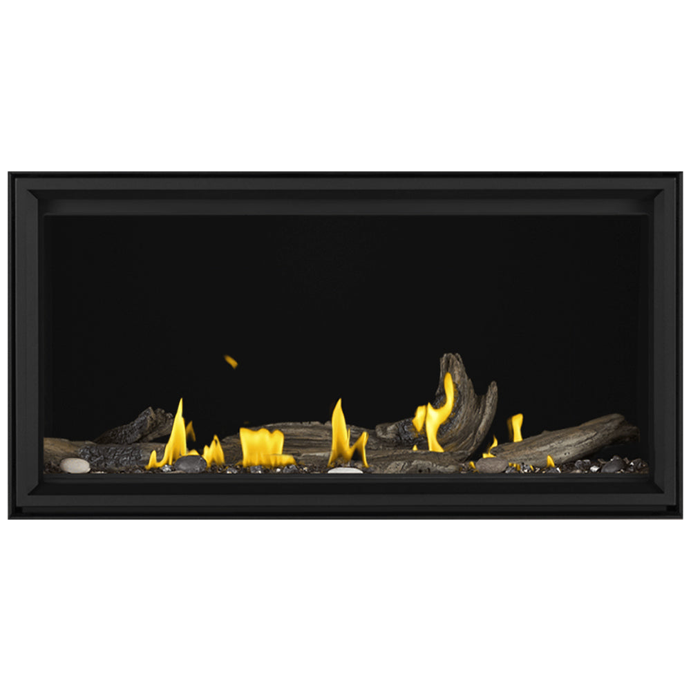 Linear direct vent gas fireplace with black surround, flames on faux logs and ember bed