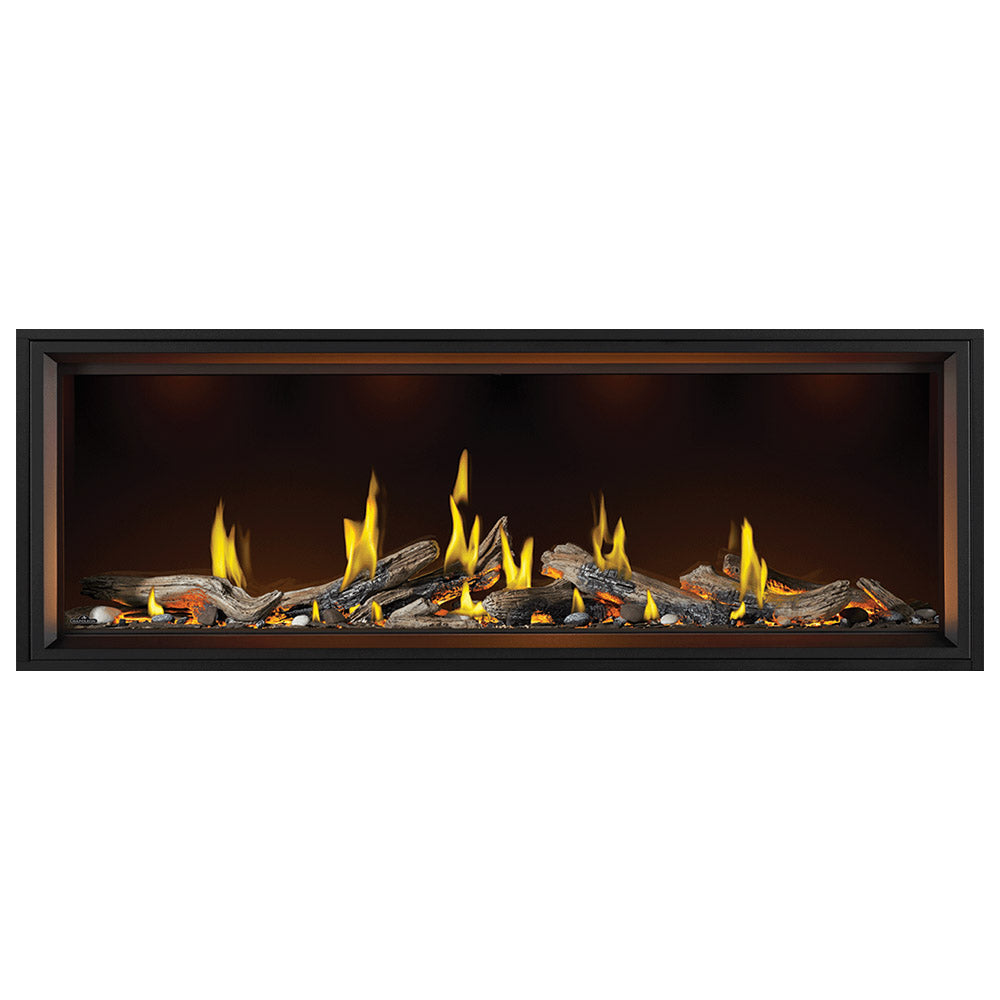 Linear gas fireplace with luminous logs and yellow flames in a black glass frame