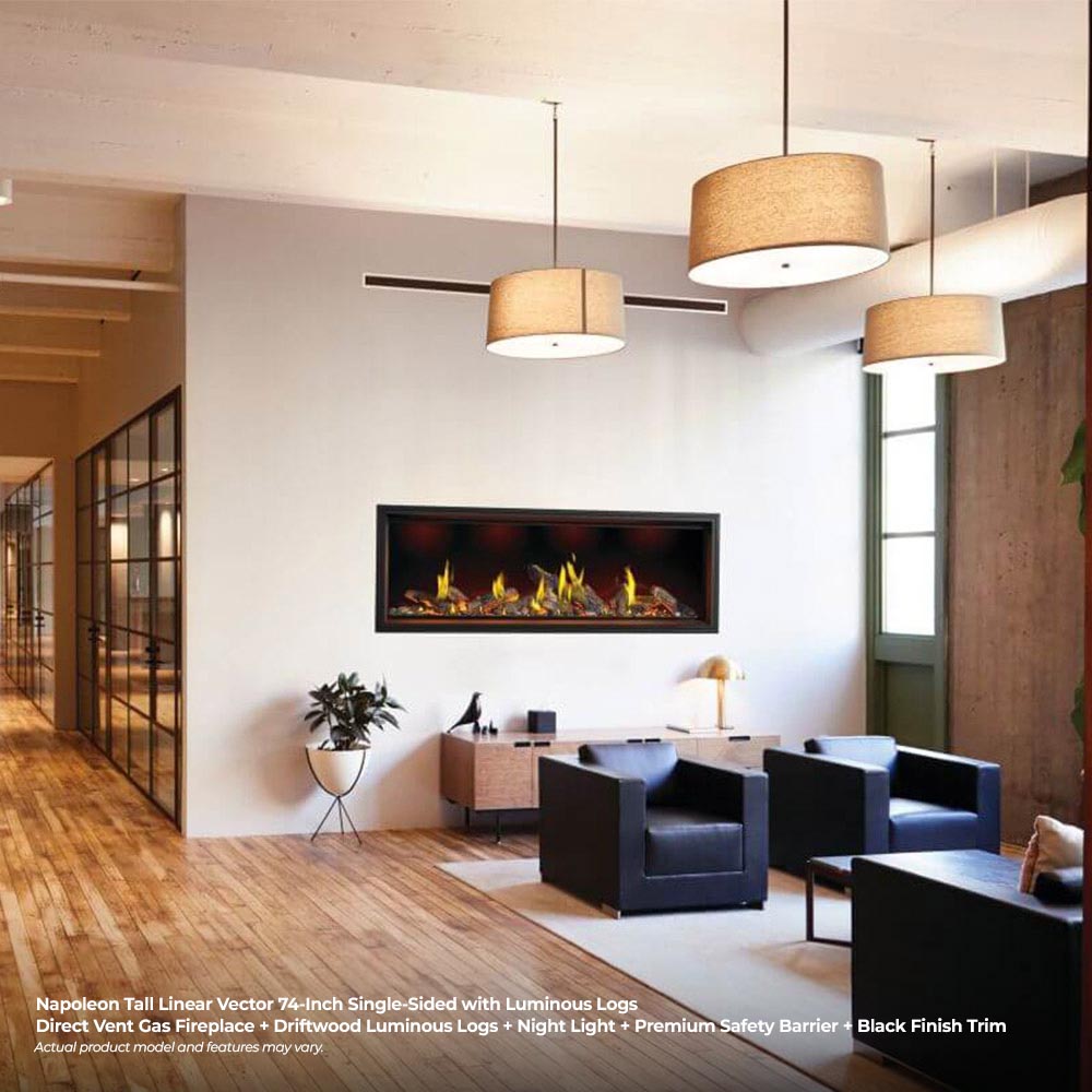 Linear gas fireplace with luminous logs and yellow flames set in a wall opening