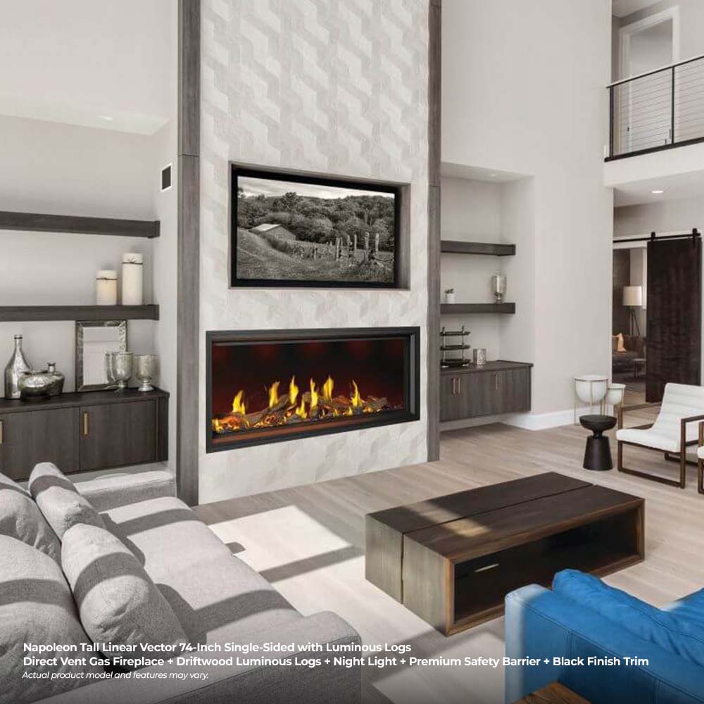 Linear gas fireplace with luminous logs and yellow flames, black trim and glass