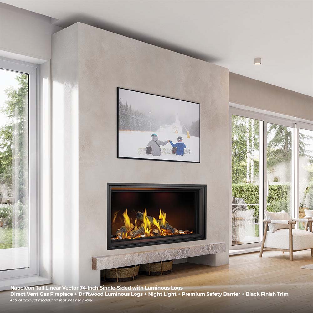 Linear gas fireplace with luminous logs and yellow flames in a stone mantel surround