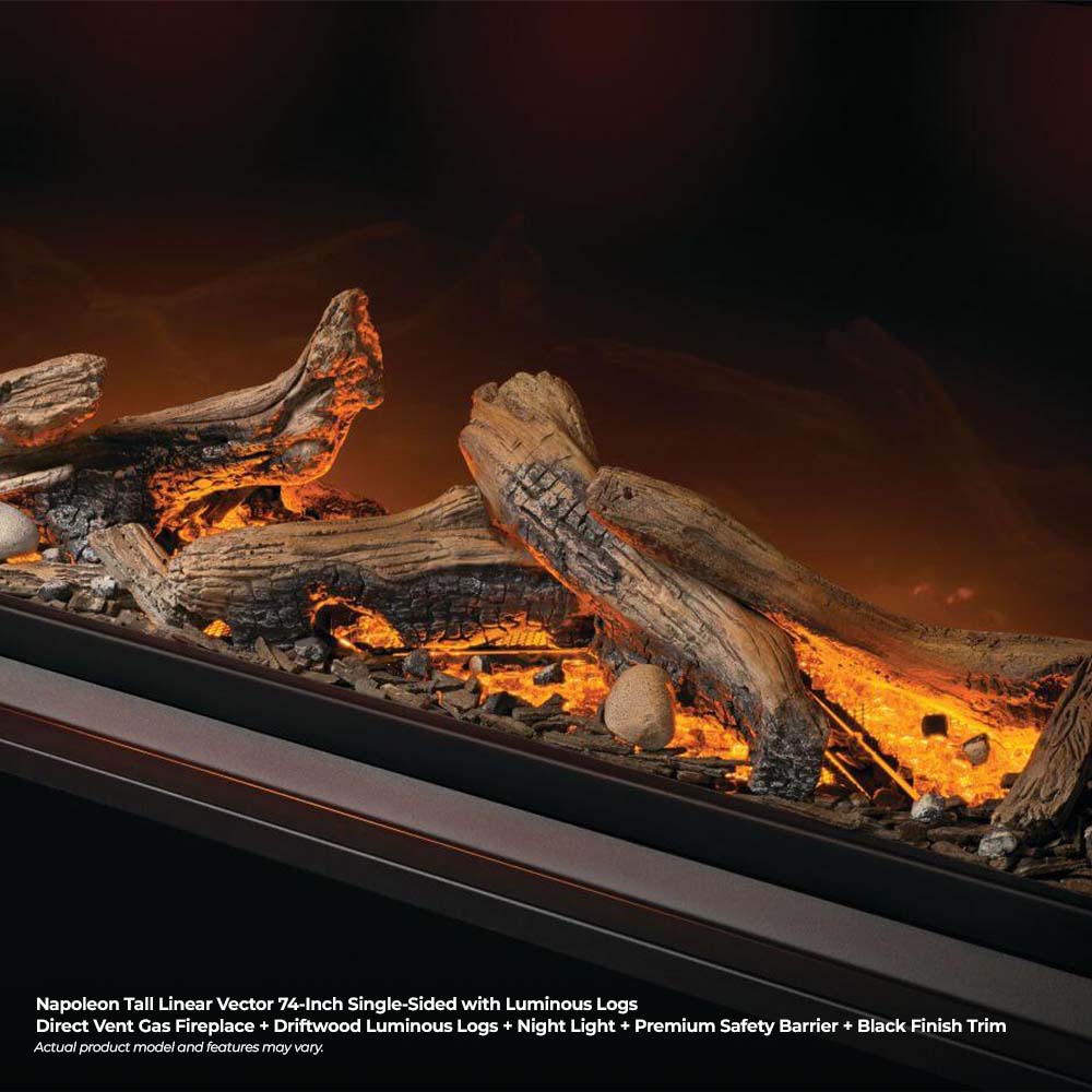 Luminous log bed with glowing embers and yellow flames in a linear fireplace