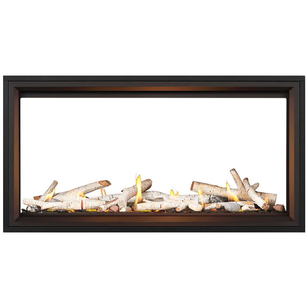 Linear gas fireplace with white luminous logs and soft yellow flames