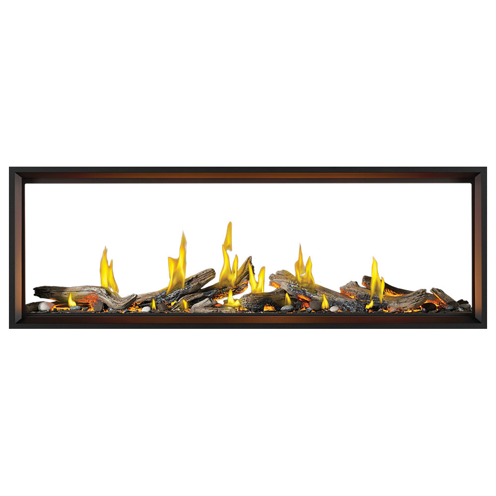 Linear gas fireplace with dark logs and tall yellow flames in black frame