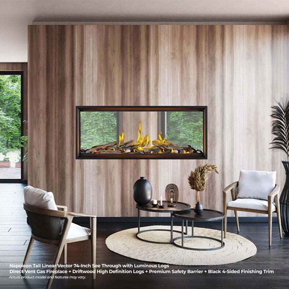 Linear gas fireplace set into wall with luminous logs and yellow flames