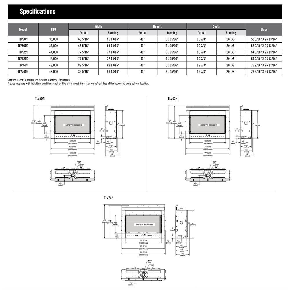 Gas fireplace specifications page with dimensions and venting diagrams
