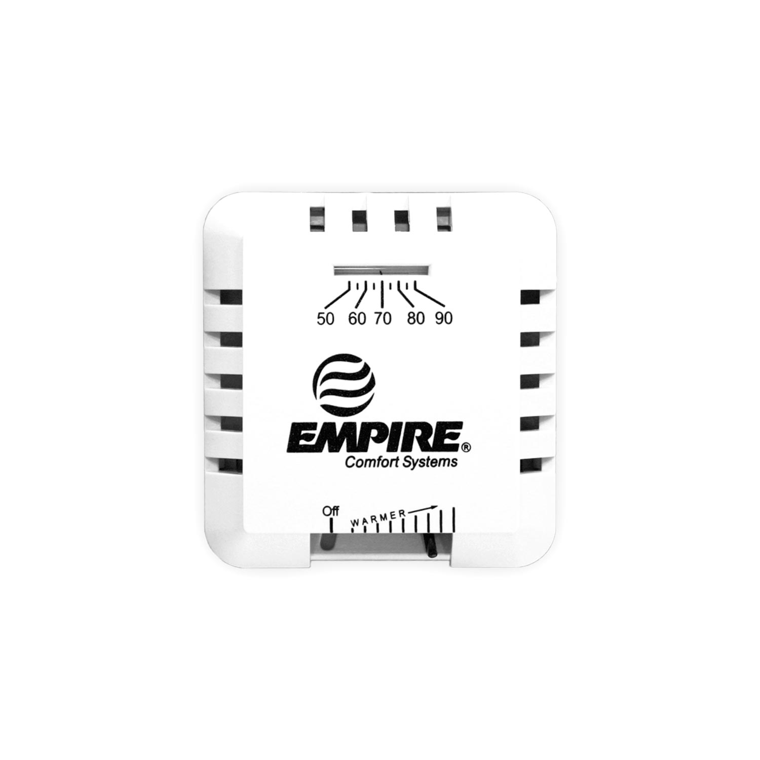 Thermostatic wired wall switch, white face with numbered 50–90 dial and Empire logo