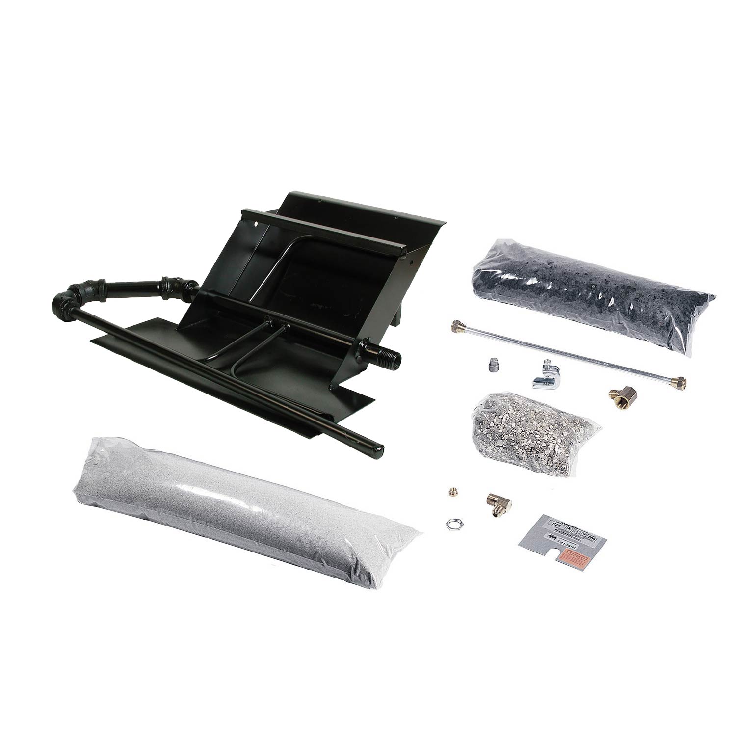 Vented fireplace burner kit with black burner assembly, insulation pads, and mounting hardware