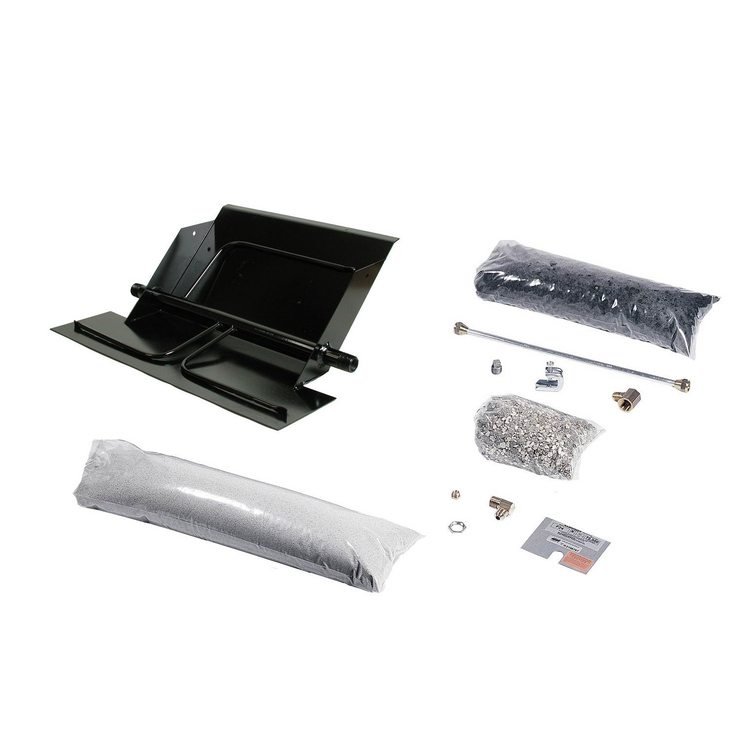 Vented fireplace burner kit with black burner tray, metal fittings, and insulation pads