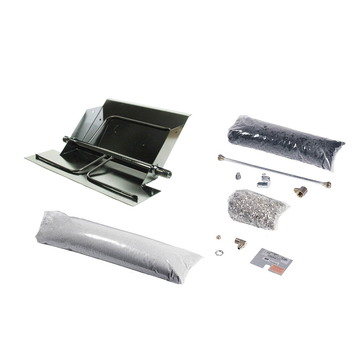 Stainless steel fireplace burner kit with burner pan, mounting plate, bolts, and insulation