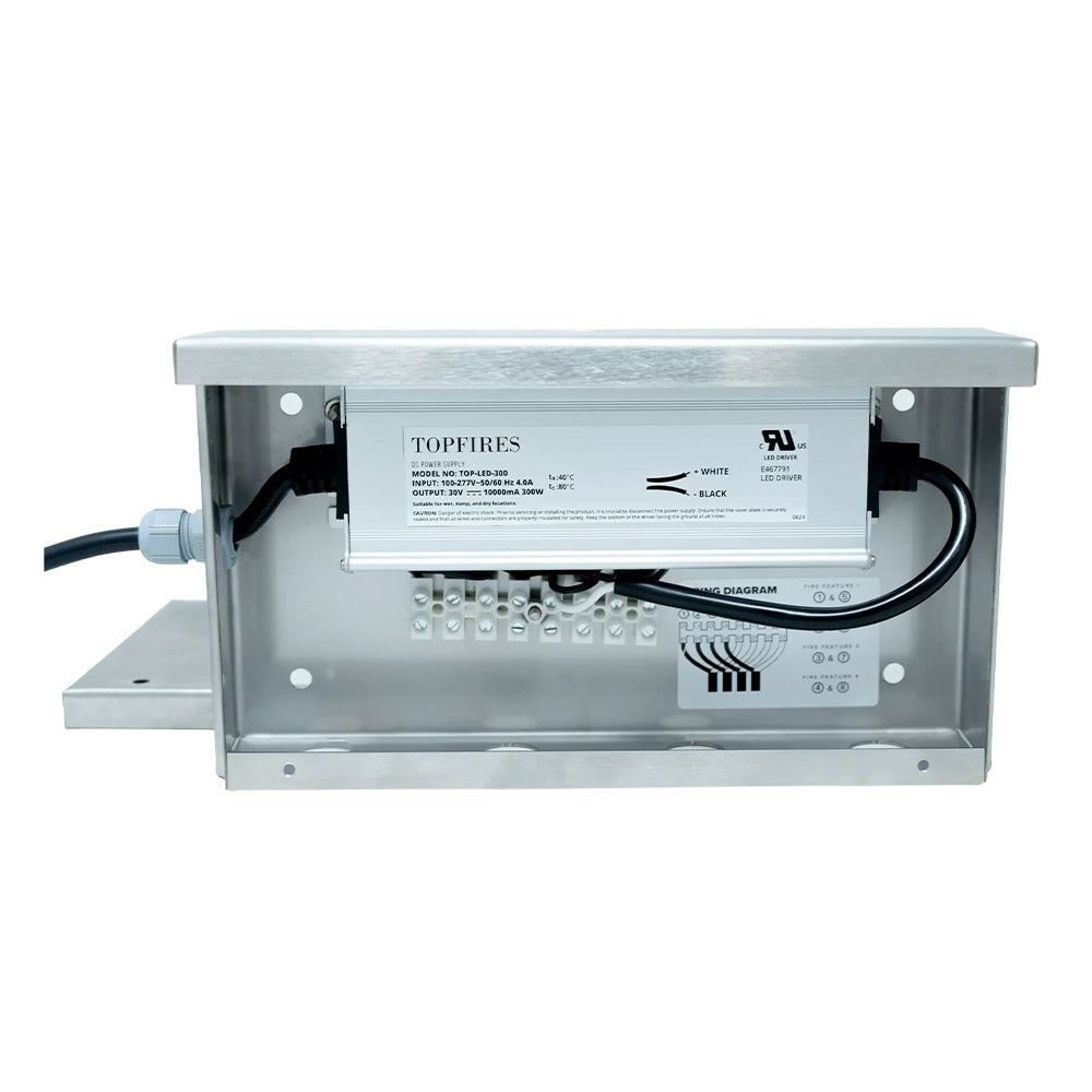 Outdoor 30V DC transformer in metal enclosure with wiring terminals and label