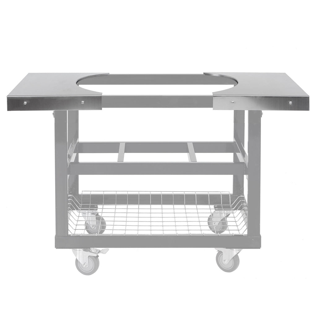 Stainless steel side shelves mounted on a cart, with oval cutout handles