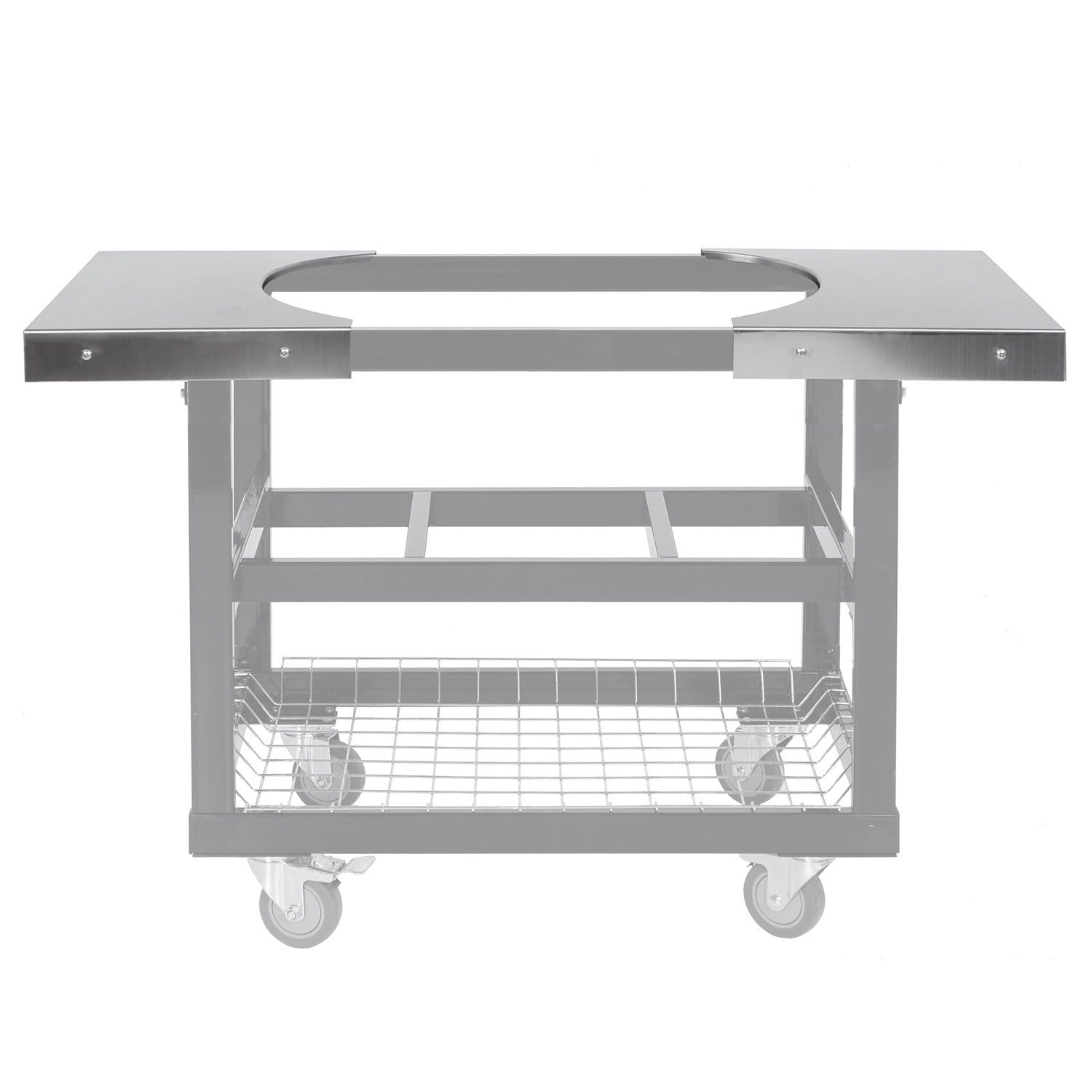 Stainless steel side shelves mounted on a cart, with oval cutout handles