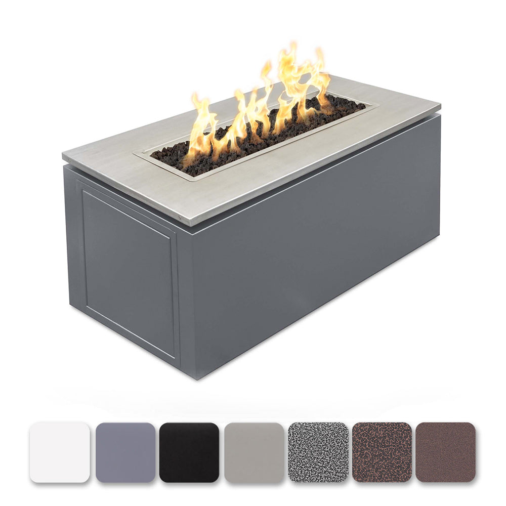 Rectangular linear gas fire pit with flames in dark gray powder-coated steel body