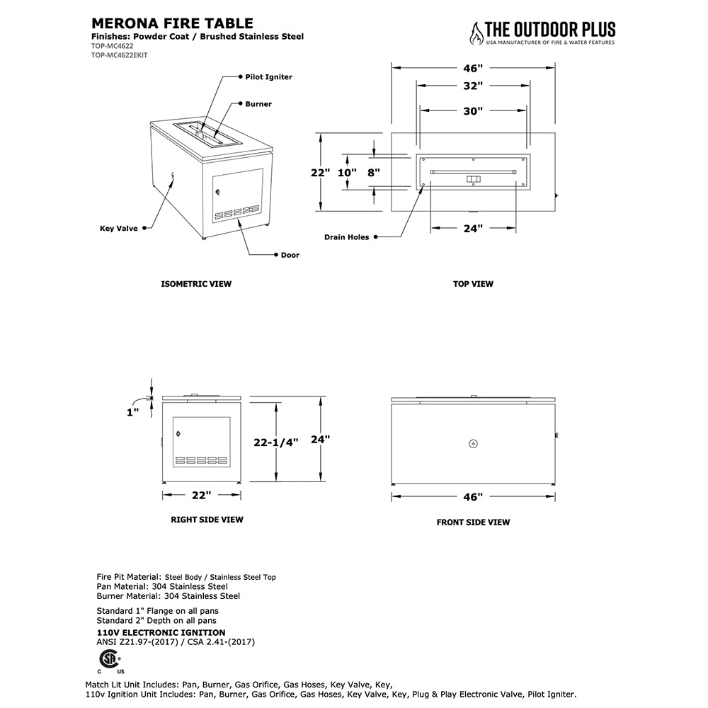 Linear gas fire pit technical drawing with dimensions from front, side, and top views