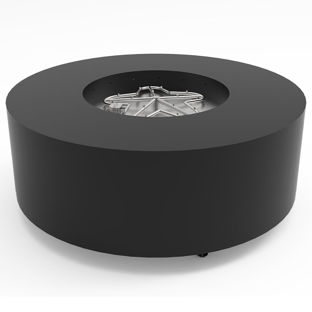 Black round metal fire pit top opening with torpedo burner grate in center