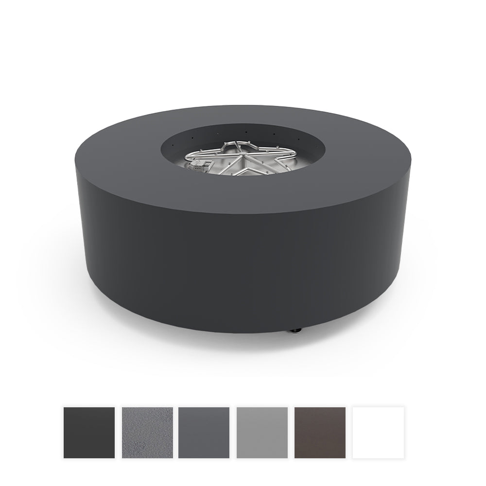 Black round metal fire pit with circular burner housing and torpedo burner insert