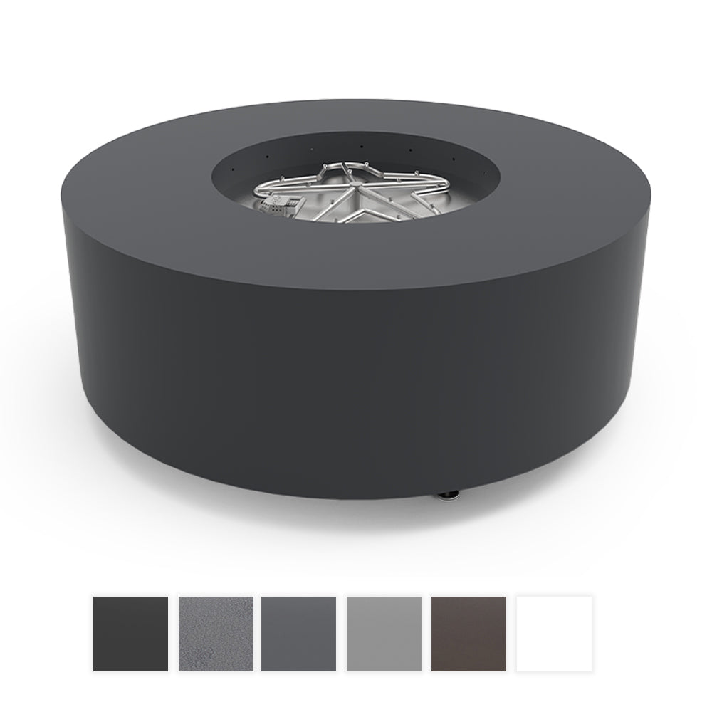 Round metal fire pit with central burner, dark gray finish