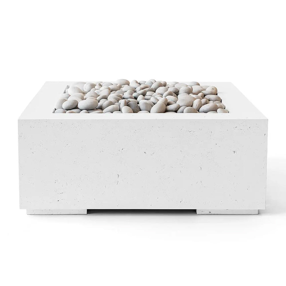 Lightweight concrete square gas fire pit with light-colored stone media, no visible flames