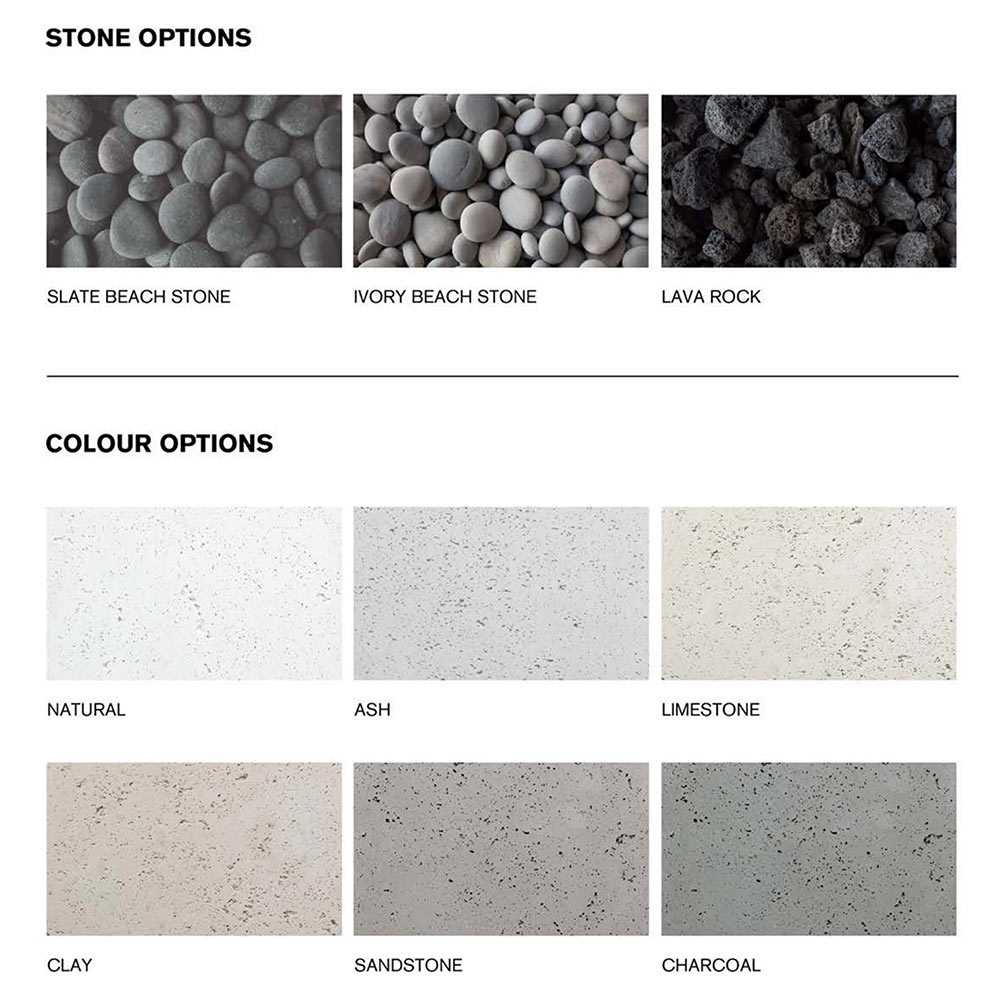 Stone and color option chart for lightweight concrete gas fire pit