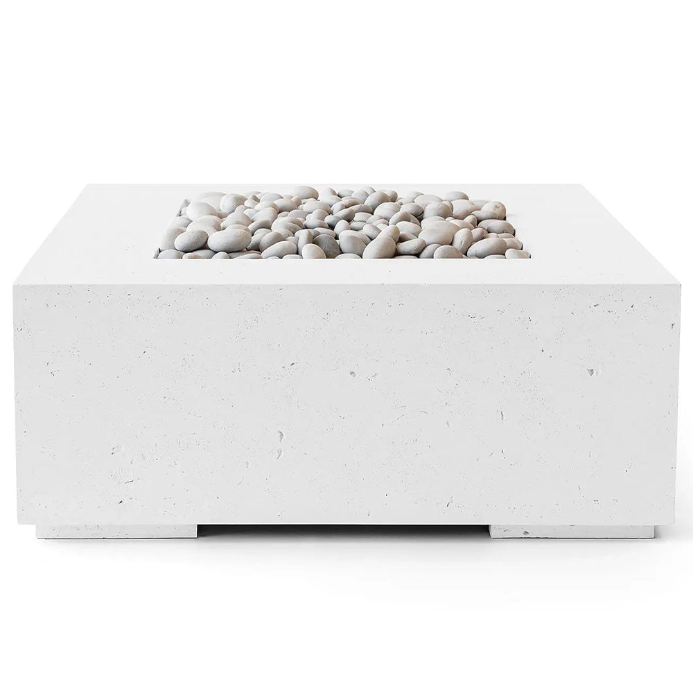 Square concrete gas fire pit with rounded pebble burner, light gray, 40-inch