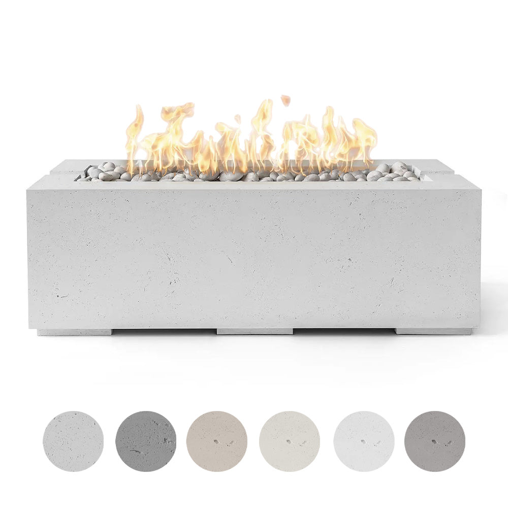 Concrete gas fire pit with flame and light river stones, rectangular burner enclosure