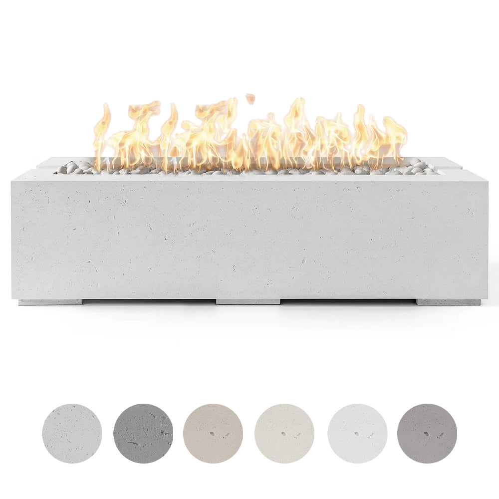 Lightweight concrete gas fire pit with burning flames and gray stones